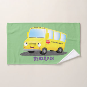 Cute happy yellow school bus cartoon bath towel set