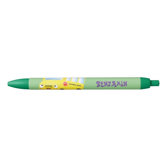 Cute happy yellow school bus cartoon  black ink pen (Front)