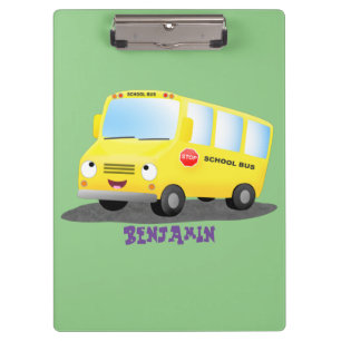 Cute happy yellow school bus cartoon clipboard