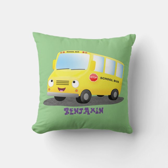 Cute happy yellow school bus cartoon  cushion (Front)