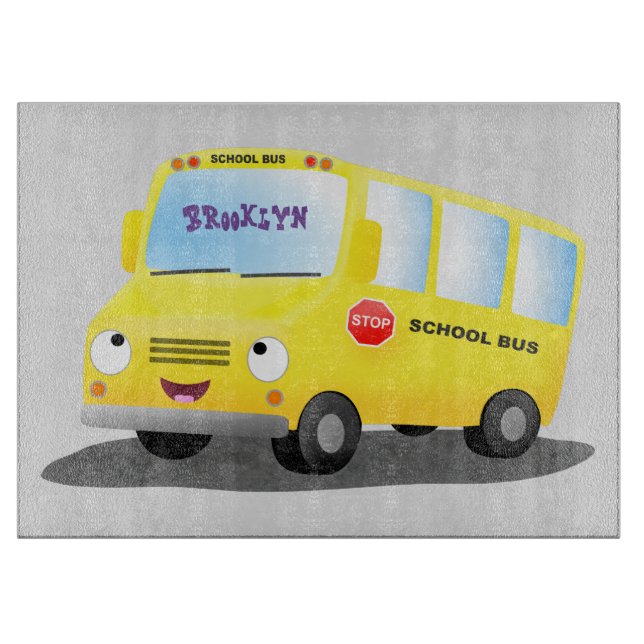 Cute happy yellow school bus cartoon cutting board (Front)