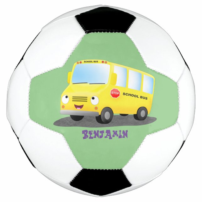 Cute happy yellow school bus cartoon football (Front)