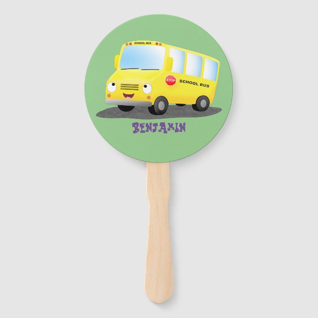Cute happy yellow school bus cartoon hand fan (Front)