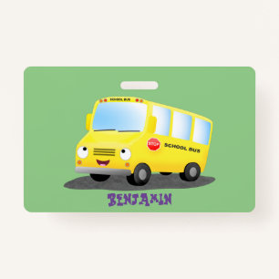Cute happy yellow school bus cartoon  ID badge