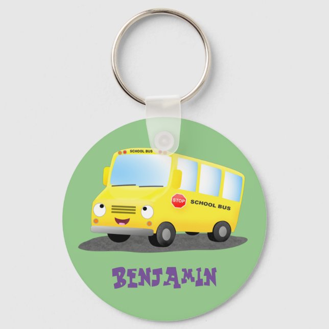 Cute happy yellow school bus cartoon key ring (Front)