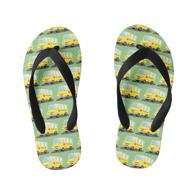 Cute happy yellow school bus cartoon kid's flip flops (Footbed)