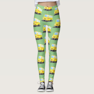 Cute happy yellow school bus cartoon leggings