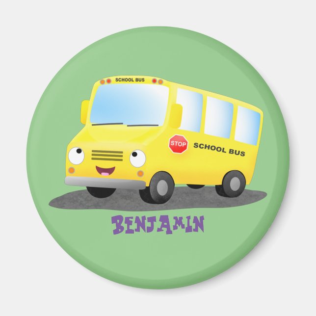 Cute happy yellow school bus cartoon magnet (Front)