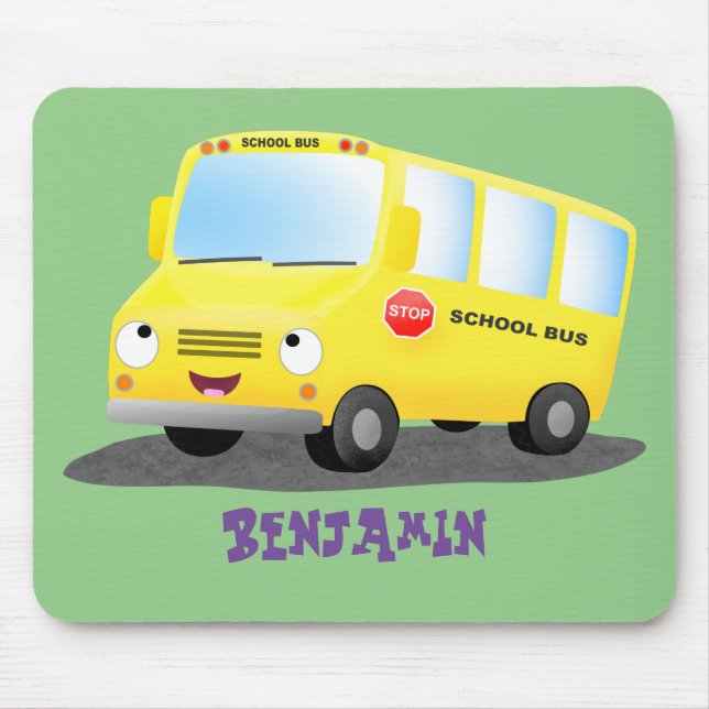 Cute happy yellow school bus cartoon  mouse mat (Front)