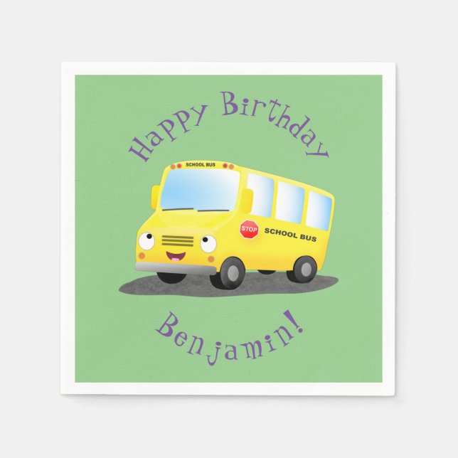 Cute happy yellow school bus cartoon napkin (Front)