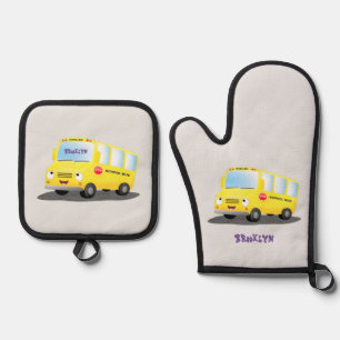 Cute happy yellow school bus cartoon oven mitt & pot holder set