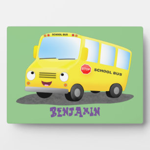 Cute happy yellow school bus cartoon plaque