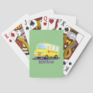 Cute happy yellow school bus cartoon  playing cards