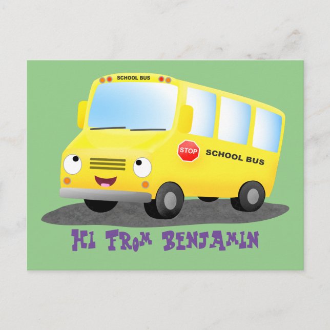 Cute happy yellow school bus cartoon postcard (Front)