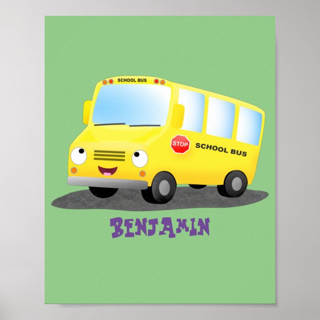 Cute happy yellow school bus cartoon  poster (Front)