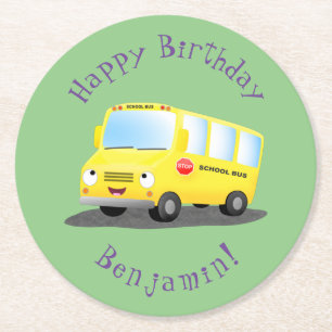 Cute happy yellow school bus cartoon round paper coaster