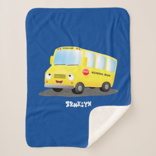 Cute happy yellow school bus cartoon sherpa blanket