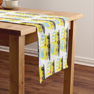 Cute happy yellow school bus cartoon short table runner