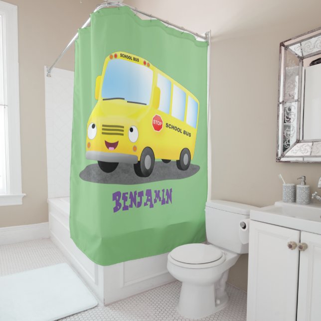 Cute happy yellow school bus cartoon  shower curtain (In Situ)