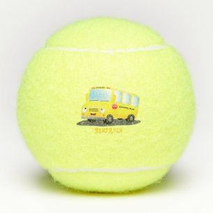 Cute happy yellow school bus cartoon tennis balls