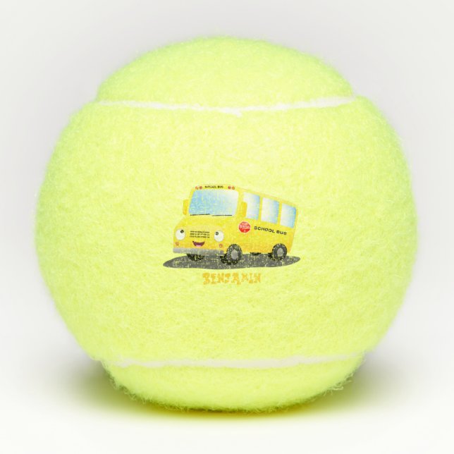 Cute happy yellow school bus cartoon tennis balls (Front)