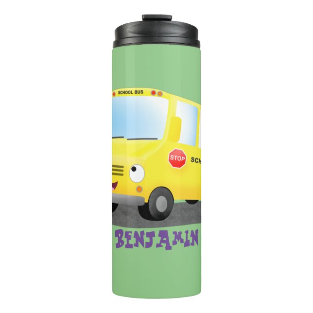Cute happy yellow school bus cartoon thermal tumbler (Front)