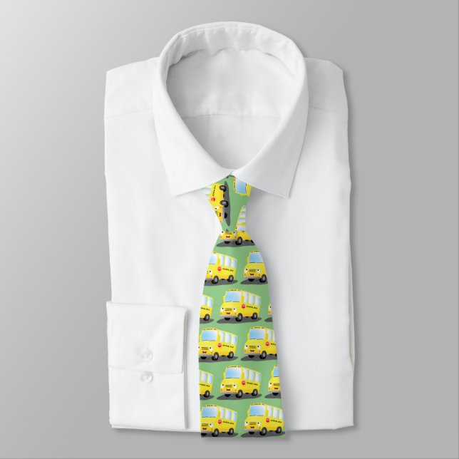 Cute happy yellow school bus cartoon tie (Tied)