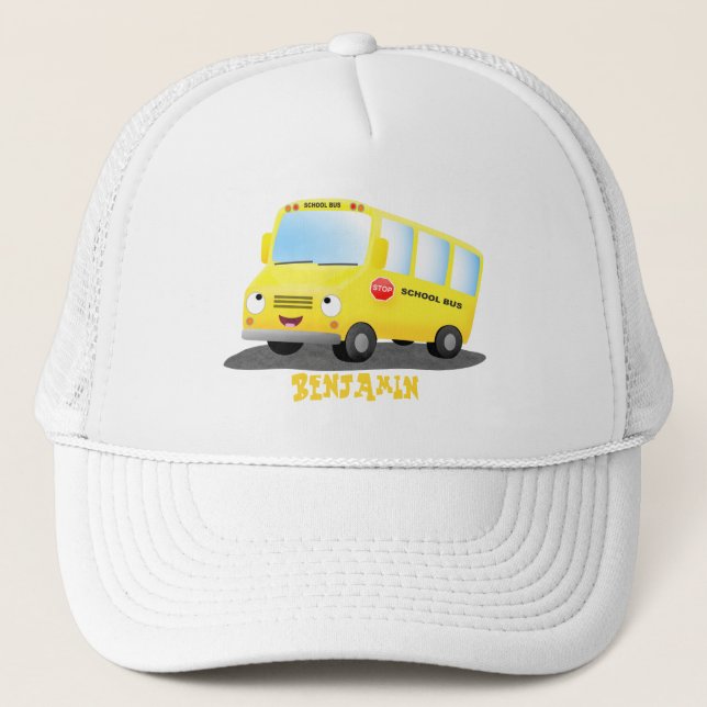 Cute happy yellow school bus cartoon trucker hat (Front)
