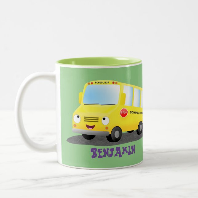 Cute happy yellow school bus cartoon Two-Tone coffee mug (Left)