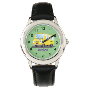 Cute happy yellow school bus cartoon watch