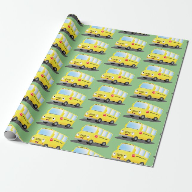 Cute happy yellow school bus cartoon wrapping paper (Unrolled)