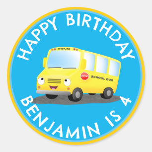Cute happy yellow school bus personalised birthday classic round sticker