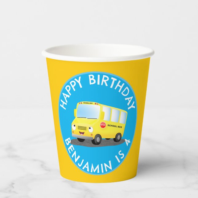 Cute happy yellow school bus personalised birthday paper cups (Front)