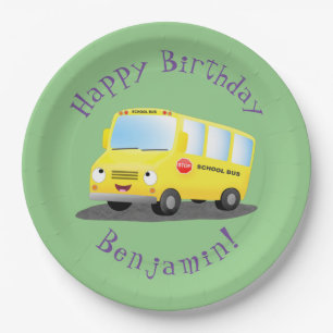 Cute happy yellow school bus personalised birthday paper plate