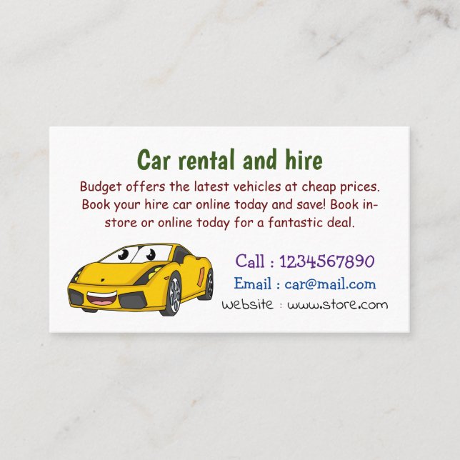 Cute happy yellow sports car cartoon business card (Front)