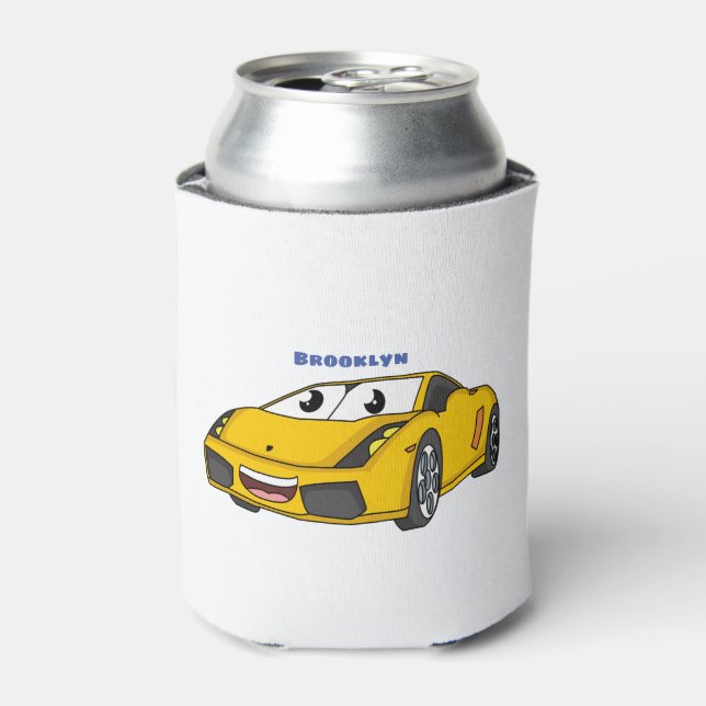 Cute happy yellow sports car cartoon can cooler (Can Front)