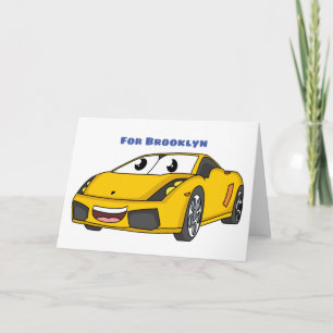 Cute happy yellow sports car cartoon card