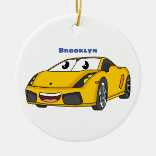 Cute happy yellow sports car cartoon ceramic tree decoration