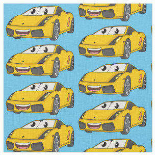 Cute happy yellow sports car cartoon fabric