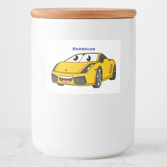 Cute happy yellow sports car cartoon food label (Front)