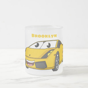 Cute happy yellow sports car cartoon frosted glass coffee mug