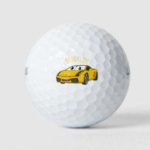Cute happy yellow sports car cartoon golf balls