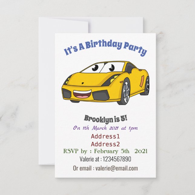 Cute happy yellow sports car cartoon invitation (Front)