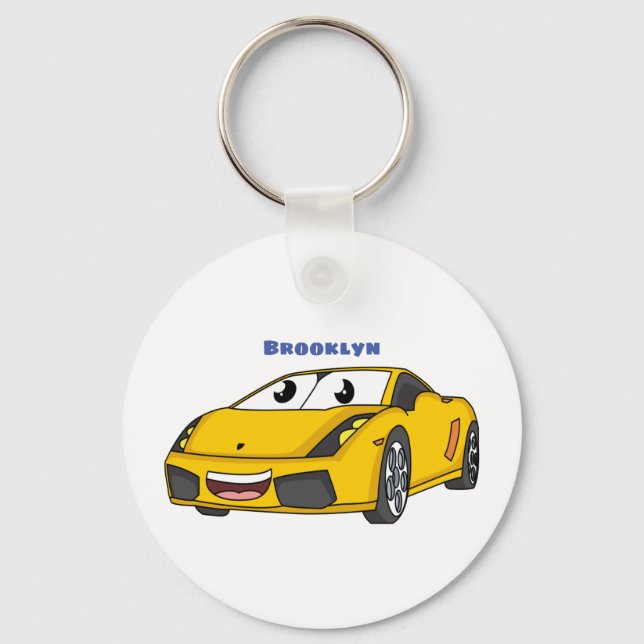 Cute happy yellow sports car cartoon key ring (Front)