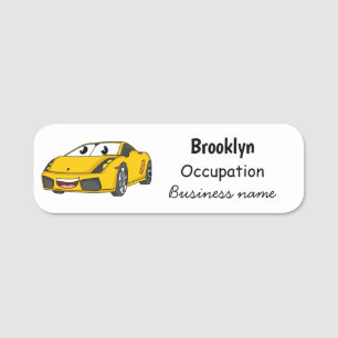 Cute happy yellow sports car cartoon name tag