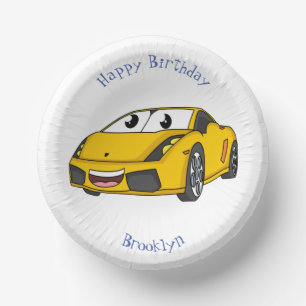 Cute happy yellow sports car cartoon paper plate