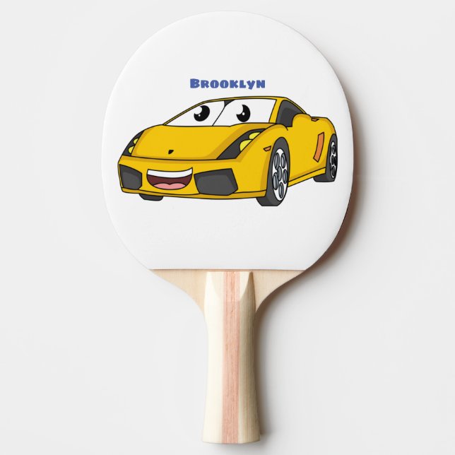 Cute happy yellow sports car cartoon ping pong paddle (Front)
