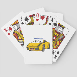 Cute happy yellow sports car cartoon playing cards