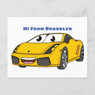 Cute happy yellow sports car cartoon postcard