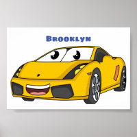 Cute happy yellow sports car cartoon